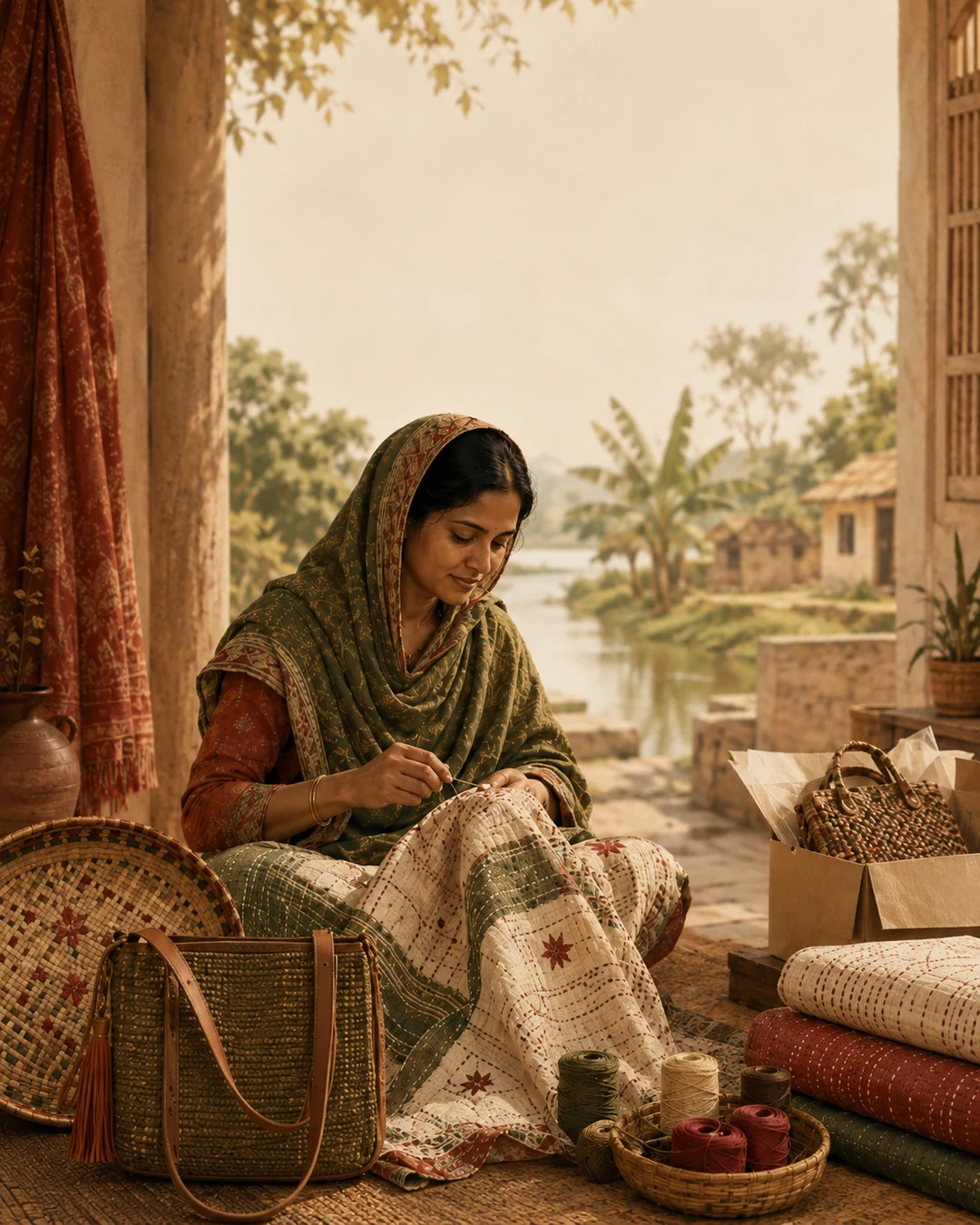 নকশিকাঁথা সেলাই করছেন একজন নারী কারিগর, চারপাশে তাঁর তৈরি পণ্য